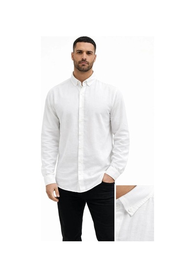Wear Vexel Erkek Keten Kumaş Uzun Kollu Regular Fit Gömlek - Beyaz Çok Renkli