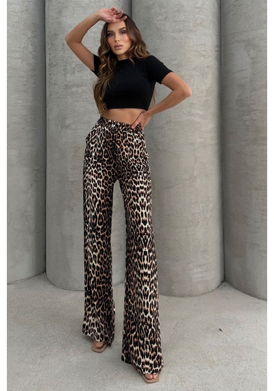 Lesa Wear Leopar Desenli Yumuşacık Yüksel Bel Geniş Paça Likralı Jarse Pantolon Flared Leopar