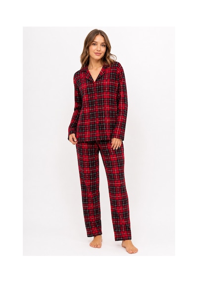 Sleeproom Kadın Mevsimlik Süet Uzun Kol Ekose Desen Kırmızı Pijama Takımı