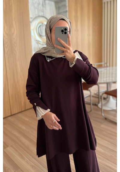 Ka Hijab Kolu Tüllü Merserize Takım - Mürdüm