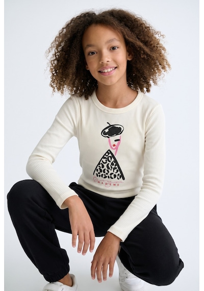 Minipomes 9-14 Yaş Kız Çocuk Baskılı Ribana Sweatshirt Krem