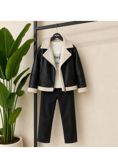 Kokoş Bebe Kuzu Deri Montlu 3 Parça Erkek Çocuk Takım - 10/13 Yaş - 31907 Çok Renk