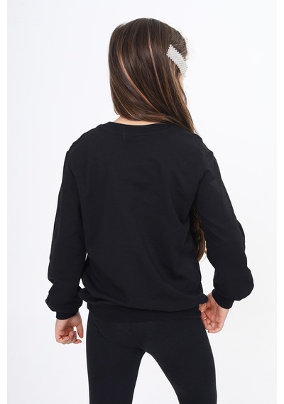 Toontoy Kız Çocuk Relax Fit Bisiklet Yaka Nakış Baskılı Sweatshirt - 2 İplik Siyah