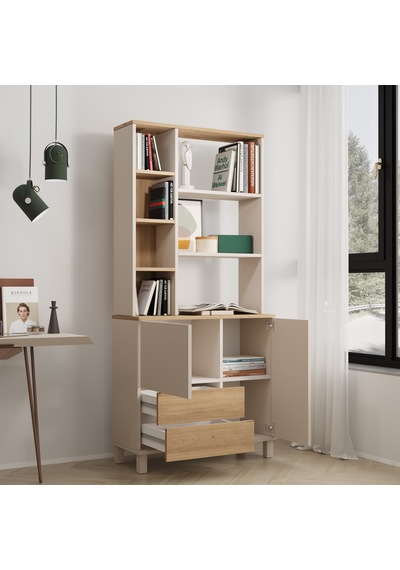 Robin Home Urban Kitaplık Raf Ahşap Ayaklı 188cm 2 Kapaklı 2 Çekmeceli Kumsal-sepet Bej
