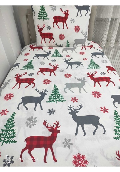 Lionas Tek Kişilik Ara Beden 120x200 Ranforce Lastikli Çarşaf Takımı Yılbaşı Desen Beyaz