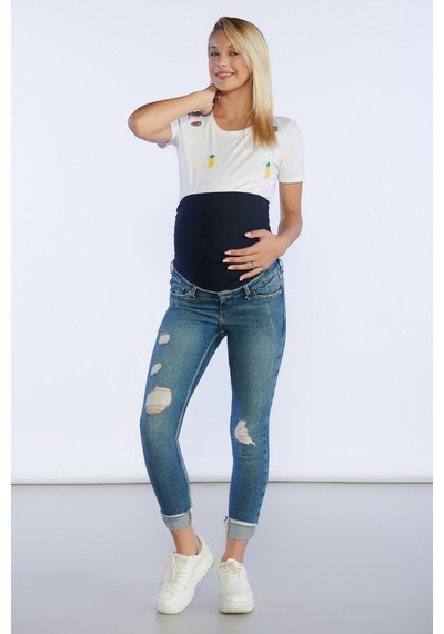 Bpf Lazer Detaylı Slim Fit Hamile Pantolon - Mavi