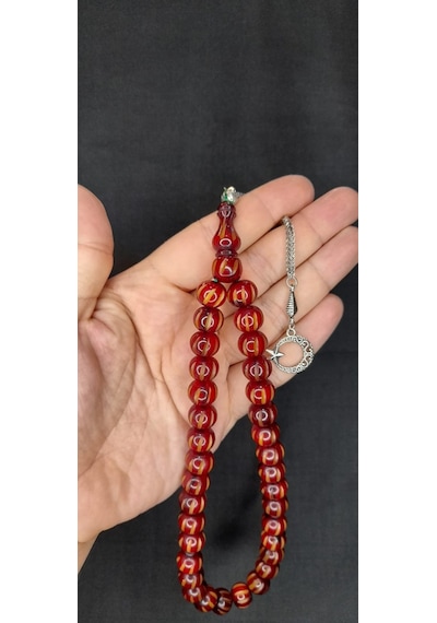 Çubuk Kehribar Tesbih Kalem İşçilikli Küre Kesim Bordo Renk T-395