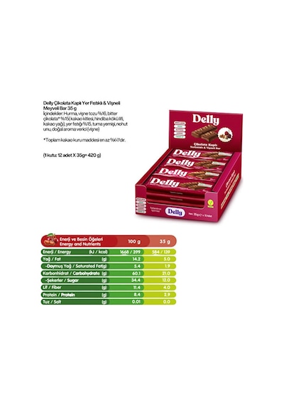 Delly Çikolata Kaplı Yer Fıstıklı Vişneli Meyveli Bar 12 x 35 G