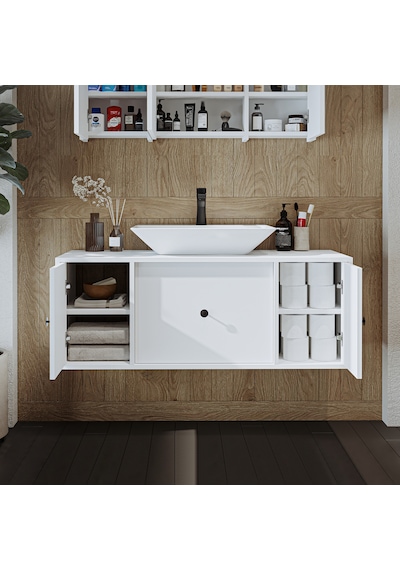 Gusto Ayaksız Lavabolu Mdf 120 Cm Çekmeceli Banyo Dolabı Beyaz Mat Beyaz