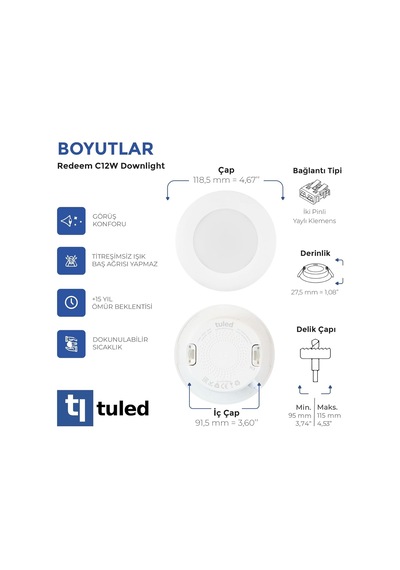 Redeem C12w Downlight, Titreşimsiz, Göz Konforu, 706 Lümen, Sıcak Beyaz, 2700 Kelvin Diğer