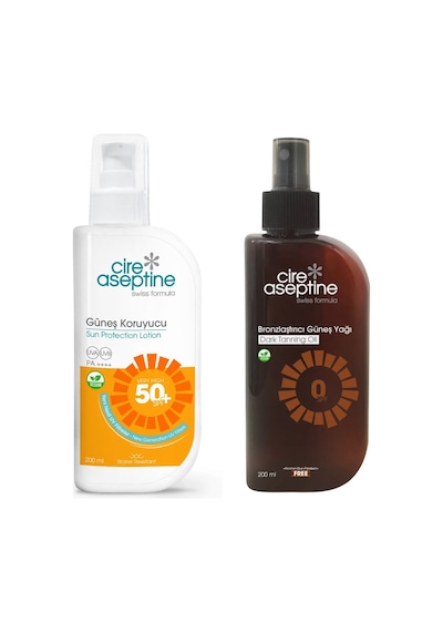 Cire Aseptine Güneş Koruyucu 50 Spf 200ml + Bronzlaştırıcı Güneş Yağı 0 Spf 200 Ml 2 Li Set