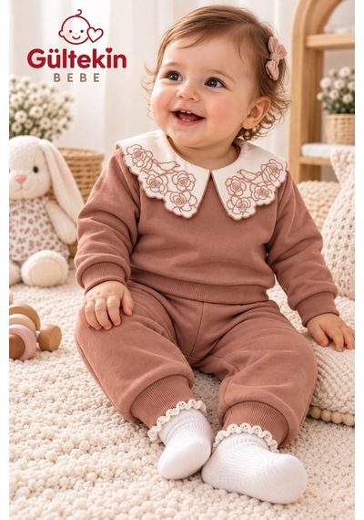 Vovido Yaka Güllü 3 İplik Şardonlu Kız İkili Takım 9-24 Aylık -al3315366 - Açık Kahve