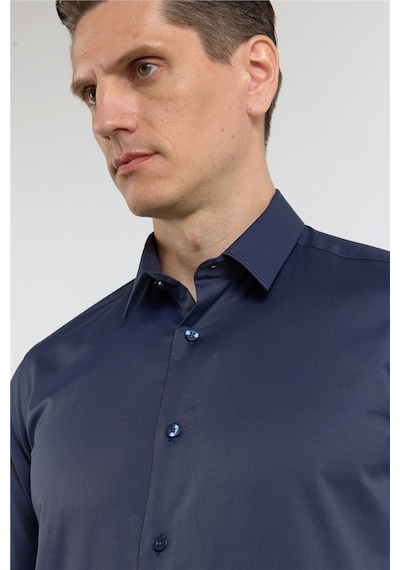İmza Koyu Lacivert Sert Yaka Uzun Kol Cepsiz Slim Fit Pamuklu Gömlek 1004255228