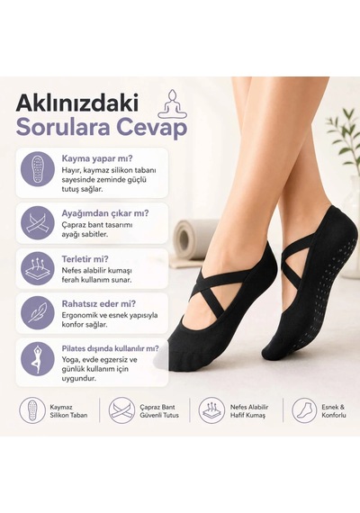 Elitse Kaymaz Tabanlı Kadın Balerin Tasarımlı Yoga Pilates Çorabı Çapraz Bantlı Spor Çorap Hac Umre Çorabı Siyah