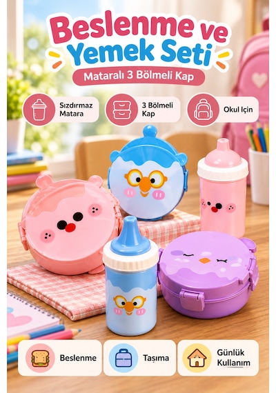 Beslenme Ve Yemek Seti - Sızdırmaz Mataralı - 3 Bölmeli Kap Çok Renkli