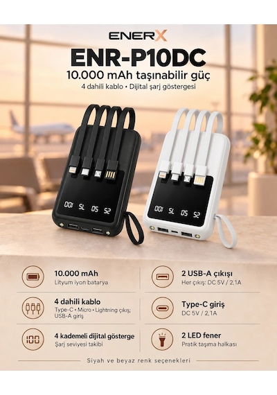 ENERX Enr-p10dc 10000 Mah 2.1A Dahili Kablolu Powerbank Beyaz