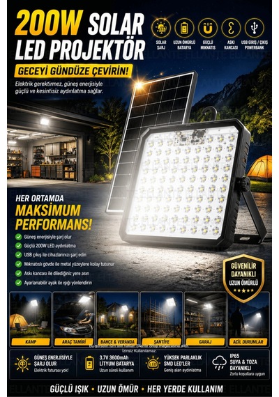 200w Solar Led Projektör Usb Şarjlı Powerbank Özellikli Güneş Enerjili Taşınabilir Kamp Bahçe Garaj