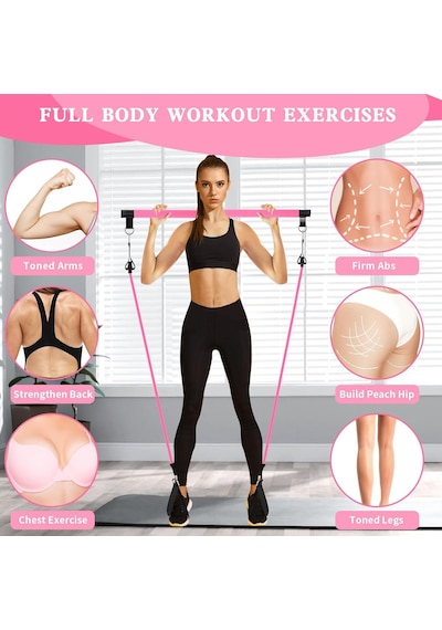 Valkyrie 4 Lastikli 1. Kalite Pilates Bar Egzersiz Çubuğu Ayarlanabilir Zorluk Evde Spor Squat Kademeli Çantalı Kolay Kurulum Pembe