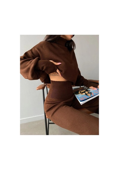 De Pose Parmak Geçmeli Crop Yüksek Bel Triko Takım Kahverengi
