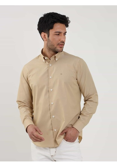 Dufy Camel Erkek Regular Fit Düz Brent Düğmeli Yaka Uzun Kol Gömlek - 102274-camel Camel