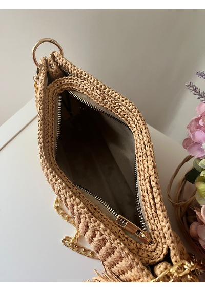 El Yapımı Örgü Kağıt İp Kadın Clutch Çanta Zincir Askılı Bej