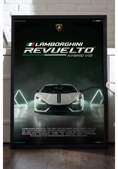 Lamborghini Revuelto Siyah Ahşap Çerçeveli Poster, Dekoratif Araba Duvar Tablosu