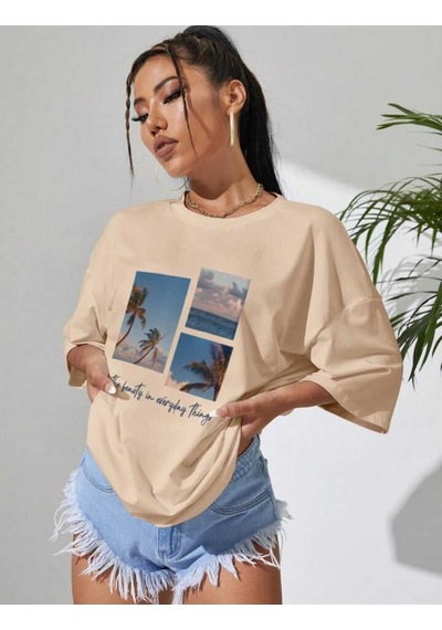 Noıssey Bej Baskılı Oversize Unisex