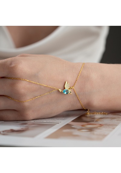 Vaoov 925 Ayar Gümüş Mavi Taşlı Arı Kuşu Şahmeran Bileklik Gold
