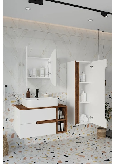 Koza Beyaz 80 Cm %100 Mdf Banyo Dolabı Ayna Lavabo Boy Dolabı Beyaz