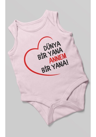 Morivokids Dünya Bir Yana Annem Bir Yana Sıfır Kollu Bebek Zıbını %100 Pamuk Bebe Pembe