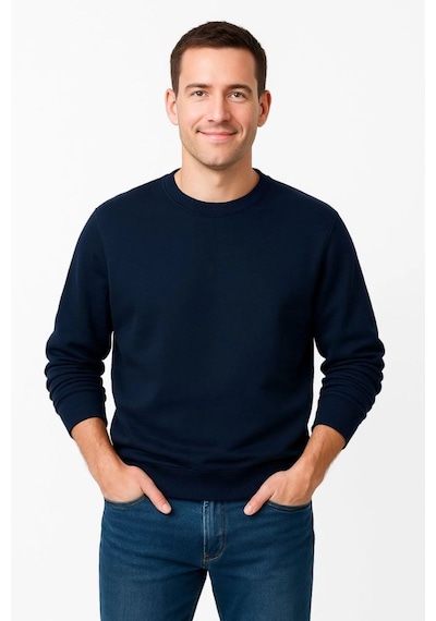 Erkek 3 İplik Pamuklu Düz Bisiklet Yaka Sweatshirt - Lacivert