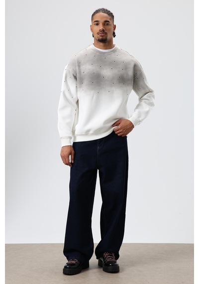 Vamos Yıkamalı Taş Detaylı Oversize Sweatshirt Ekru