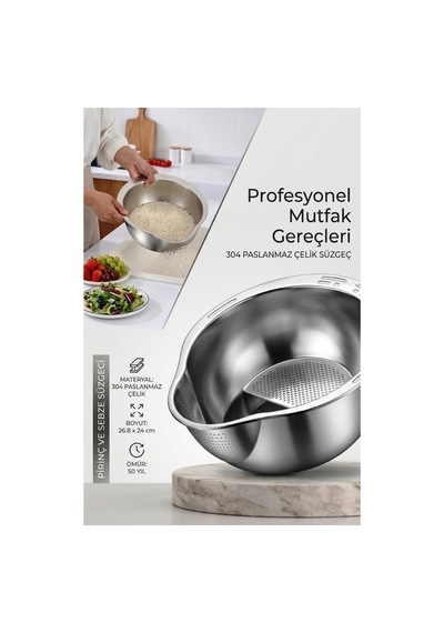 Gümüş 304 Paslanmaz Çelik Pirinç Ve Sebze Yıkama Süzgeci 26,8 X 24 Cm Diğer