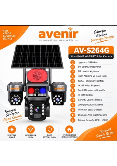 Krntekno Avenir Av-s264g--3 Lens--6 Mp--wi-fi--ptz Solar Kamera
