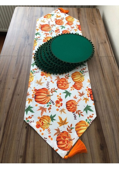 Balkabağı Desenli Runner & Ponponlu Yesil Supla Çok Renkli
