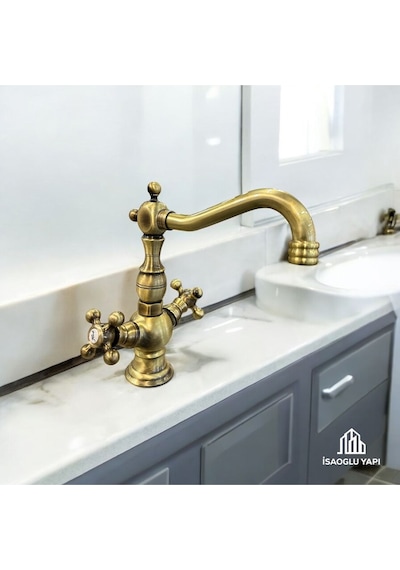 İsaoğlu Yapı Antik Gold Vintage Batarya Komple Pirinç Antik Eskitme Musluk Gold