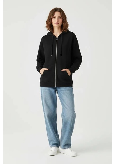 Nazzain Oys Kumaş Fermuarlı Uzun Sweatshirt Siyah