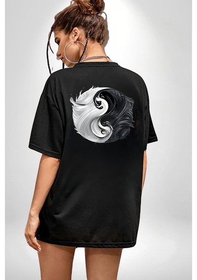 Siyah Beyaz Ying Yang Siyah Oversize Unisex Ön Ve Sırt Baskılı Tişört Siyah