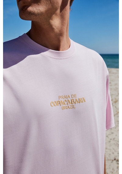 Grımelange Copacabana Erkek Ön Arka Çatlayan Baskı Detaylı %100 Organik Pamuk Oversize Kısa Kollu Pembe T-shirt