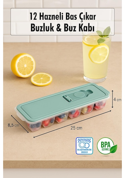 12 Hazneli Bas Çıkar Buzluk & Buz Kabı Beyaz Beyaz