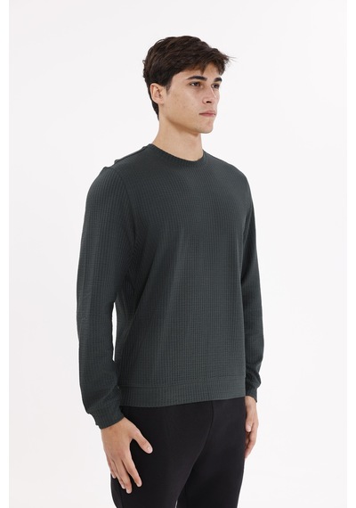 Rowinger Petek Yüzeyli Bisiklet Yaka Rahat Kalıp Lastik Manşetli Mevsimlik Sweatshirt Black