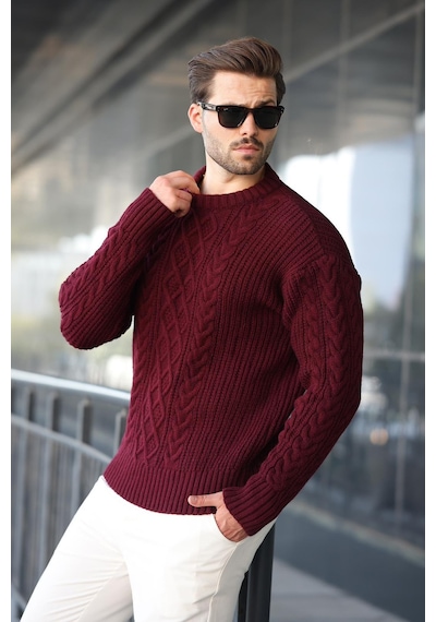 Madmext Bordo Örgü Desenli Triko Erkek Kazak E7425 Bordo