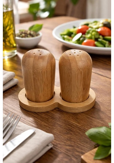 Bambu Standlı Tuzluk Karabiberlik Seti, Ahşap, Kahverengi, 140g, 8cm X 4cm, 2'li Diğer