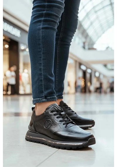 Voyager Siyah Hakiki Deri Lastik Bağcıklı Erkek Sneaker Ortopedik Kaydırmaz Taban