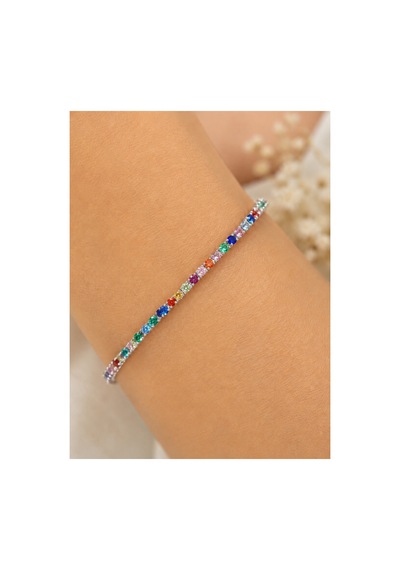 Color Gümüş Çerçeveli Rainbow Renkli Zirkon Taş Detaylı Silver Lastikli Bileklik Çok Renkli