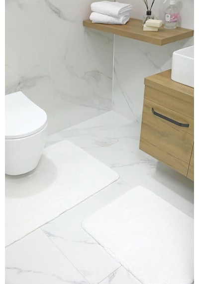 2'li Kaydırmaz Peluş Banyo Paspası Banyo Klozet Takımı Klozet Paspas Takımı - Ekru