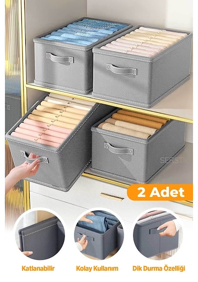 Serstil 2 Adet - Dolap Içi Düzenleyici, Raf Düzenleyici, Katlanabilir Kıyafet Saklama Kutusu 45x25x20 Cm Gri