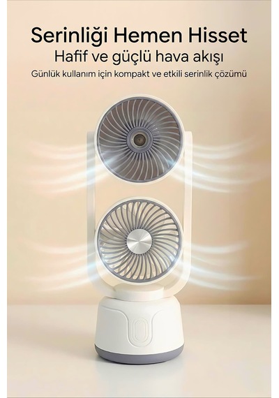 Şarjlı Çift Su Püskürtmeli 3 Kademeli Ayarlanabilir Masaüstü Fan Gri