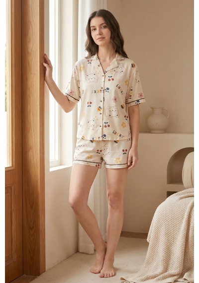 Hepsine Rakip Kadın Düğmeli Kısa Kollu Şortlu Pijama Takımı Cutebear 7518 Krem