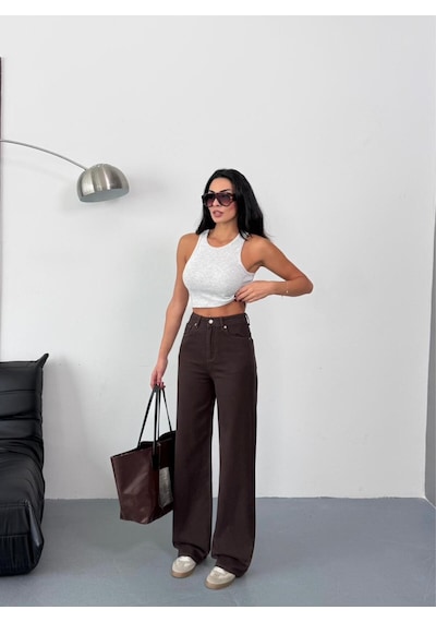 Kadın Kahverengi Wide-leg Jean Yüksek Bel Geniş Paça Kot Pantolon Kahverengi